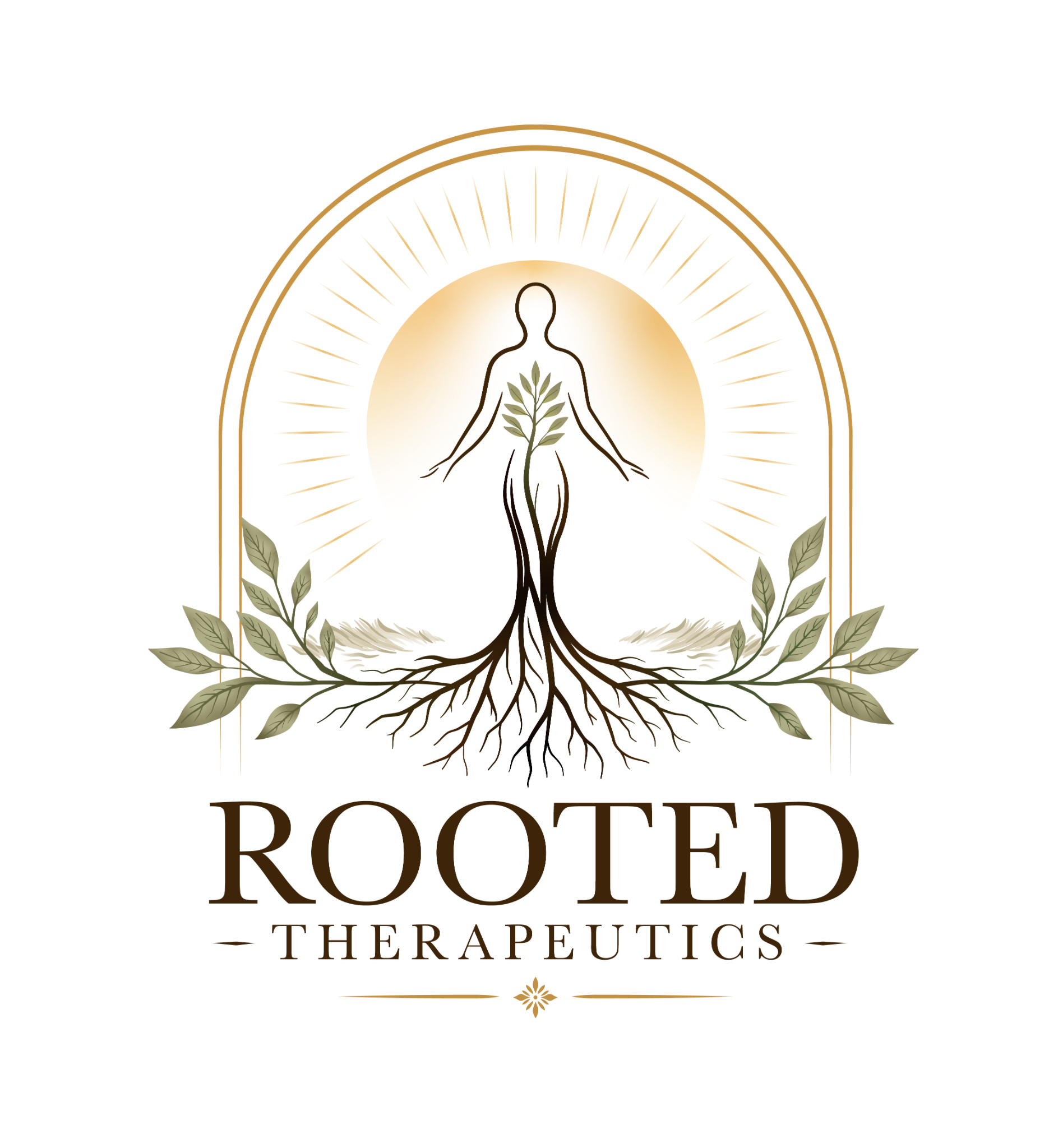 Rooted Therapeutics — a rooted human figure surrounded by leaves and a golden arch